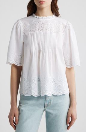 Madewell Embroidered Pintuck High Neck Cotton Voile Top in White at Nordstrom, Size Xx-Small