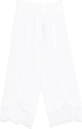 Twinset Cropped linnen broek met kanten rand - Dames - Wijde Broeken - Wit - S - Linnen - Broeken