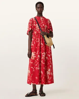 AllSaints Mya Floral Print Shirred Midi Dress