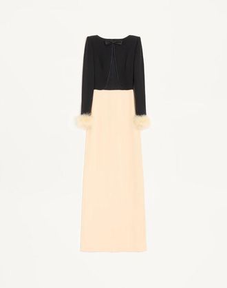 Valentino Abito Lungo In Cady Couture Con Piume Donna NERO/BETULLA 36