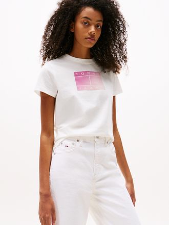 Tommy Jeans Kurzarmshirt TOMMY JEANS TJW REG GRADIENT FLAG SS, Damen, Gr. XS (34), beige (ecru), Single Jersey, Obermaterial: 100% Baumwolle, bedruckt, Rundhals, 