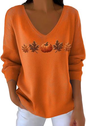 Generic Womens Casual Autumn Pumpkin Striped Long Sleeve T Shirt Pumpkin Shirt Fall Sweatshirts for Women Loose Fit Pullover Sweater (Orange, XXXL)