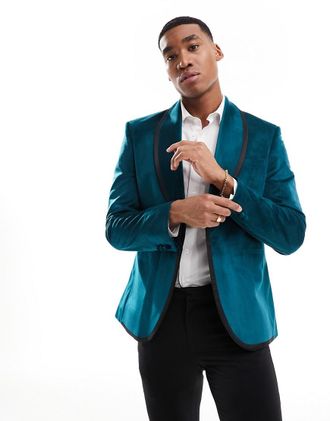 Asos slim velvet blazer with contrast trims in turquoise blue-Green