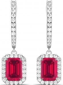 Allurez Emerald Shape Lab Ruby & Diamond Halo Dangling Earrings 14k White Gold (1.90ct)