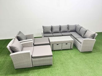 Fimous Rattan Furniture Set 9 Pieces Outdoor Sofa Coffee Table with 2 Chairs in Light Grey