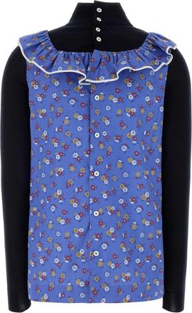 Miu Miu Womens Floral-Print Poplin With Ruffle Collar Blouse Blue Exterior Cotton