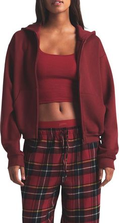 SKIMS Cotton Fleece Blend Classic Zip-Up Hoodie in Merlot at Nordstrom, Size Xx-Small