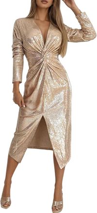 Generic Evening Dresses for Women UK Elegant Sequin Slit V Neck Pleated Neckline Long Sleeve Bodycon Mini Midi Dress Formal Going Out Cocktail Prom Party Occa