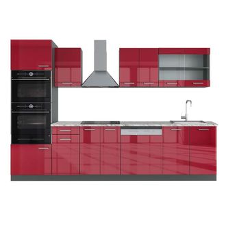 Vicco Mueble De Cocina R-line, Burdeos Brillo Intenso/antracita, 300 Cm Con Armario Alto, Et M&aacute;rmol