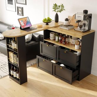 Merax Sideboard with Swivelling Breakfast Bar Table 4 Drawers & Open Shelves in Black