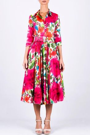 Samantha Sung Watercolor Bloom A-Line Midi Shirtdress in Pink at Nordstrom, Size 12