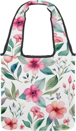 Generic Pink Flowers with Leaves Reversible Canvas Shoulder Tote - Double-Sided Print, 12oz Cotton, 27cm Drop, Fold-Flat Bag for Travel, Shopping, Street Outi