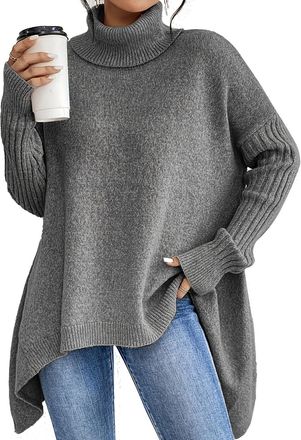Generic Womens Fashion Solid Color Turtleneck Sweater, Oversized Drop Shoulder Asymmetrical Hem Sweater, Casual Pullover Tops (XL,Gray)