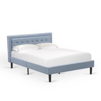 East West Furniture FNF-11-Q Platform Queen Size Bed - Denim Blue Linen Fabric Upholestered Bed Headboard with Button Tufted Trim Design - Black Legs