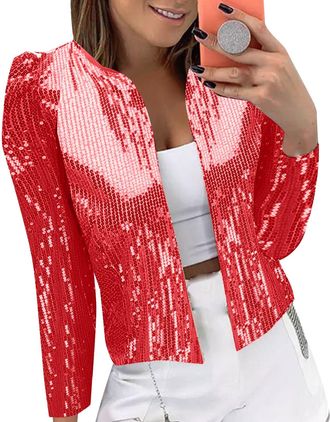 Generic Tench Coats for Women Womens Casual Fashion Sequin Bead Sparkling Suit Cardigan Jacket Heavy Jackets (Red, L)