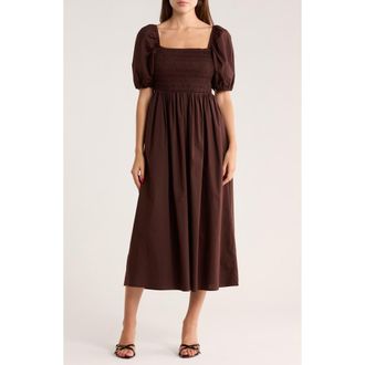 Wayf Puff Sleeve Smocked Midi Dress in Espresso at Nordstrom Rack, Size X-Small