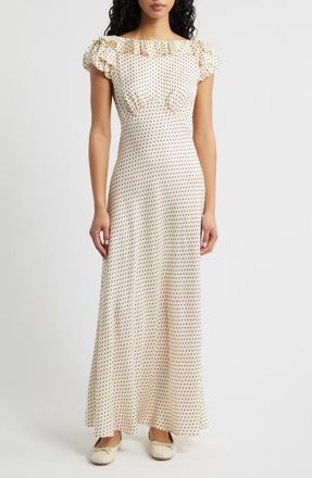 D&ocirc;en Emerence Ruffle Print Silk Blend Maxi Dress in Creme Protia Dot at Nordstrom, Size Xx-Large