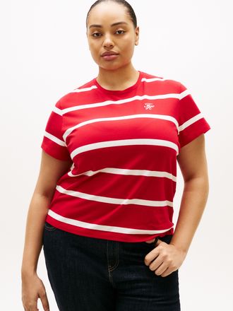 Tommy Hilfiger Kurzarmshirt TOMMY HILFIGER CURVE CRV TH SCRIPT REG C-NK SS TEE, Damen, Gr. 48, primary rot, calico stp, Single Jersey, Obermaterial: 95% Baumwolle, 5