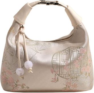 Generic Women Embroidery Shoulder Bag Handbag with Pearl Pendant Nylon Sling Bag (White)