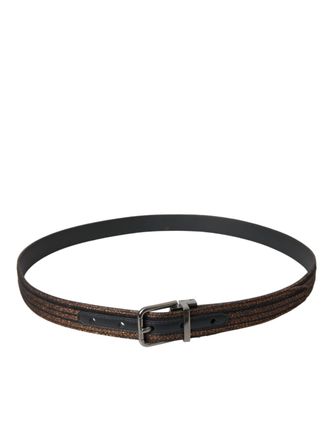 Dolce & Gabbana Womens Gold Jacquard Stripes Silver Metal Buckle Belt Leather