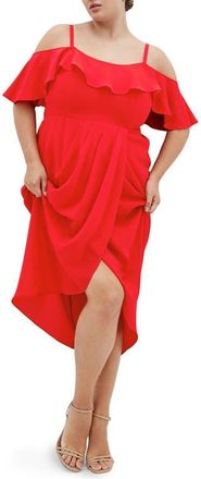 City Chic Flirtation Ruffle Off the Shoulder Cocktail Dress in Tigerlily at Nordstrom, Size Xxl
