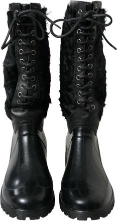 Dolce & Gabbana Black Rubber Lace Up Shearling Rain Boots Mens Shoes