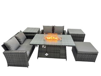 Fimous Outdoor Love Sofa Set 5 Seat & Gas Firpit Table Big Stool 2 Side Table in Dark Grey