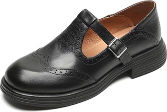 Generic Orthopedic Mary Jane Shoes, Chunky Heel Soft Leather T-Strap Retro Wingtip Loafer, Round Toe Dressy Business Office Oxfords with Adjustable Buckle (Bl