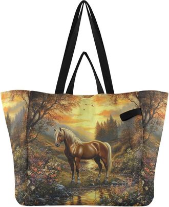 Generic Stream Flowers Golden print Reusable Canvas Tote Bag, Heavy Duty Grocery Shopping Bag with Double Handles Large Capacity Hard Bottom Work Groceries Tr