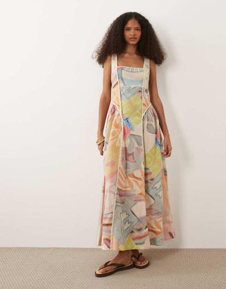 Asos Vestito midi con bustino modellato con scollo squadrato con stampa e profili a contrasto-Multi