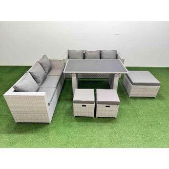 Fimous Rattan Garden Furniture Dining Set 9-seater Patio Rectangular Table Sofa Set with 3 Stools Light Grey - Fimous