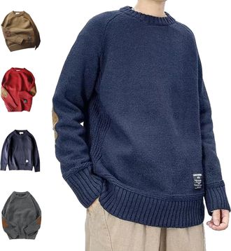 Generic Mens Sweater with Elbow Patches, Fashion Patch Knitted Sweater, Vintage Crew Neck Knitted Sweaters (Blue,M)