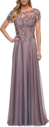 La Femme Chiffon Evening Gown with Lace Bodice in Dark Mauve at Nordstrom, Size 10