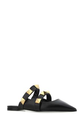 Valentino Garavani Womens Black Leather Roman Stud Slippers 0no Flat Shoes