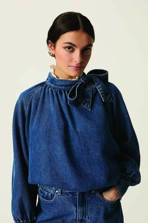 des petit hauts Blouse in denim met lavalli&egrave;re kraag, LOU