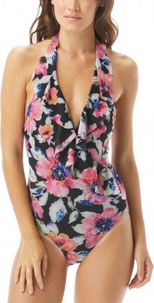 Carmen Marc Valvo Ruffle Surplice Halter Tummy-Control One-Piece Swimsuit In Multicolor