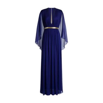 Alberta Ferretti Long silk gown with shoulder-revealing cape - female - Alberta Ferretti - Gowns - Blue - 2XL - Dresses