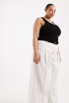 Asos Curve - Pantaloni a palazzo sartoriali con cintura in misto lino &eacute;cru a righe-Bianco