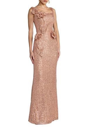 Mac Duggal Sleeveless Sequin Column Gown With 3D Flowers in Copper at Nordstrom, Size 14