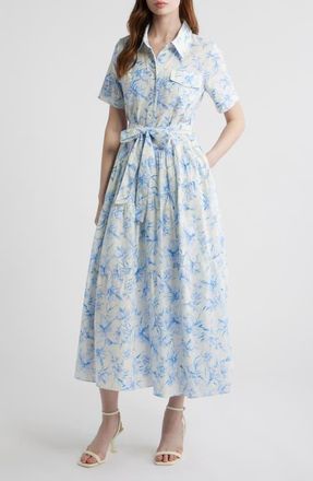 ZOE AND CLAIRE Printed Tie Belt Cotton Poplin Maxi Shirtdress in Blue Multi at Nordstrom, Size X-Large