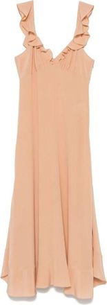 Chlo&eacute; Zijden V-hals Jurk met Ruffles - Dames - Maxi kleedjes - Bruin - L - Kleedjes