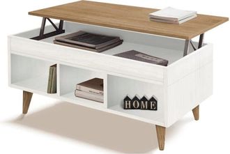 HOGAR 24 Mahi - Mesa Centro Elevable Con Almacenaje Y Estantes. Madera Maciza Natural, Combinado Color Blanco Y Encerado. Medidas: 100cm X 50cm X 47cm