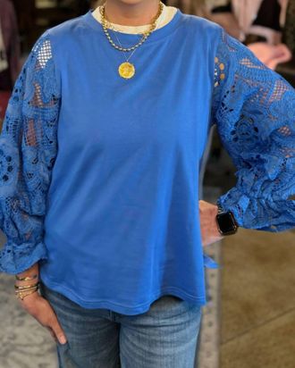 Jade Yoga Lace Sleeve Pullover In Blue