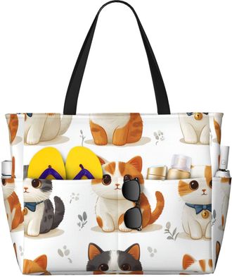 Generic Cute Cat Print Large Beach Bag Foldable Travel Shoulder Tote Bag With Pocket For Weekender Pool Vacation