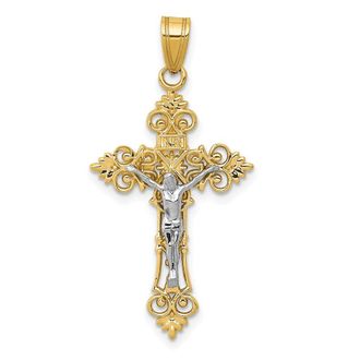Diamond2Deal 10K Two-tone Medium Lacey-edged INRI Crucifix Pendant