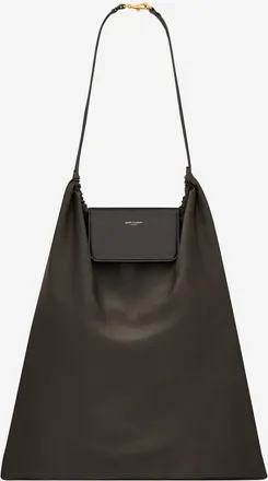 Saint Laurent Mens Clutch Bag Foldable Silk Satin And Leather Dark Brown Shoulder
