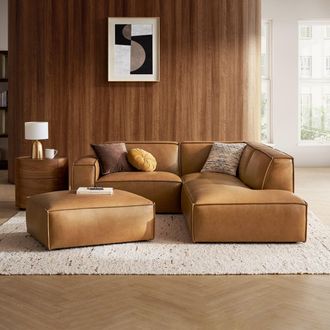 Castlery Brown Top Grain Leather Right Side Chaise Sectional with Ottoman | Jonathan by Castlery