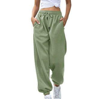 Generic Jogger Sweatpants for Women Drawstring Workout Pants with Pockets Solid Color Cuffed Trousers High Waisted Elastic Tracksuit Bottoms Baggy Jogging Jog