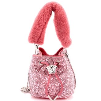 Versace La Medusa Drawstring Bucket Bag Crystal Embellished Satin with Shearling Mini