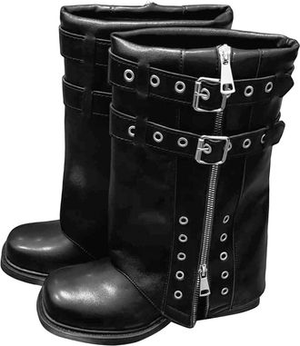 Generic Ladies Fashion Mid Calf Boots Round Toe Chunky Sole Heel Zip Up Classic Casual Comfortable Footwear Winter(Black, 6.5)